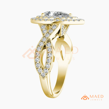Double Halo Pear Cut Engagement Ring with Twisted Pave Band