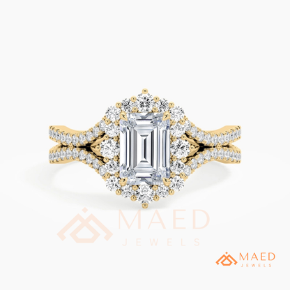 Emerald Cut Starburst Halo Engagement Ring | Split Shank Band in 14k Gold, Rose Gold & Silver