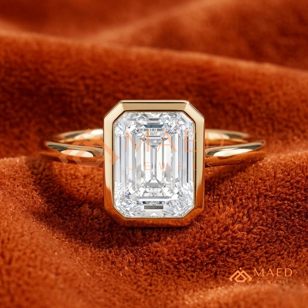 Modern Emerald Cut Solitaire Bezel Engagement Ring in Silver, 14K Gold & Rose Gold
