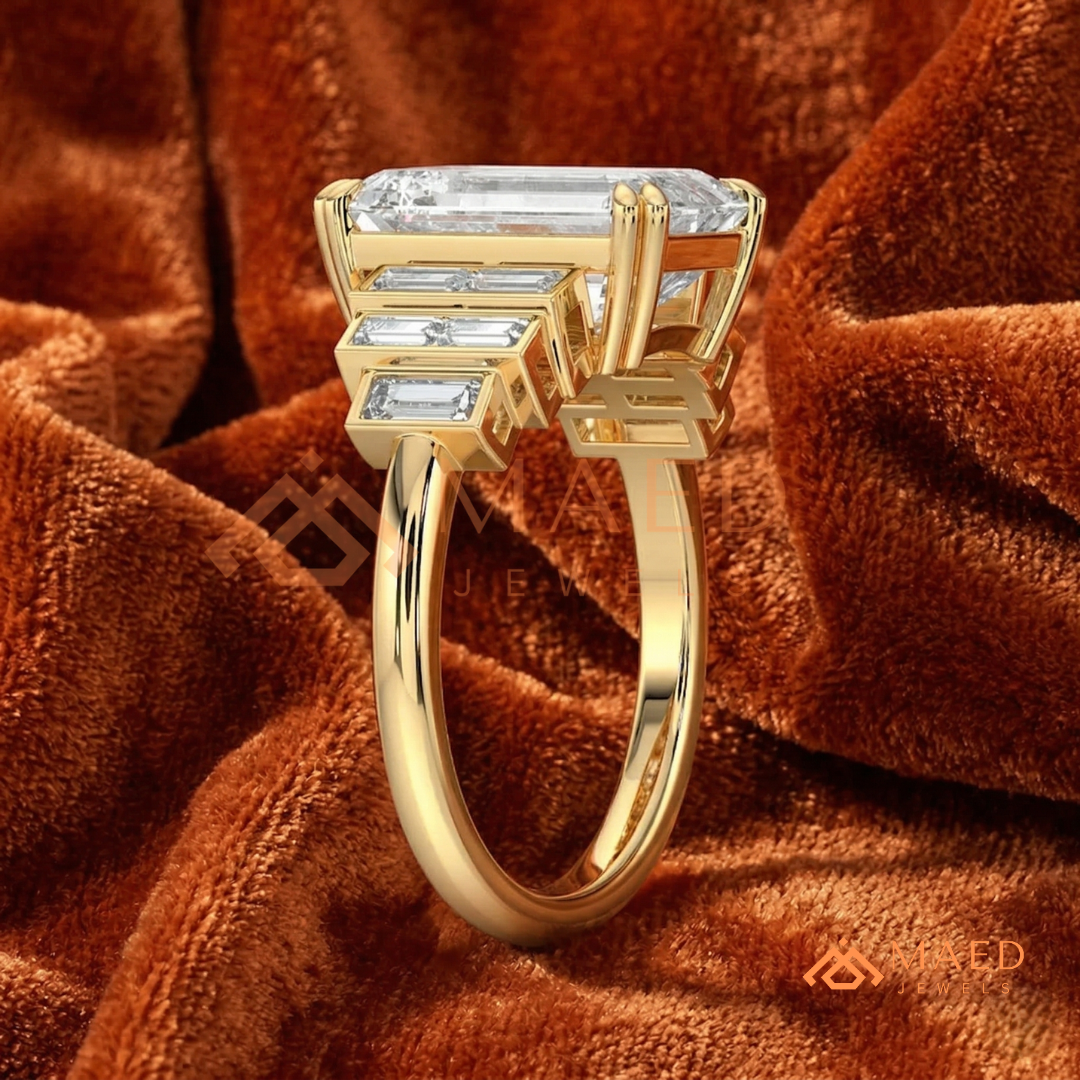 Radiant Cut Rectangular Halo Ring with Dome Triple-Row Pavé Band