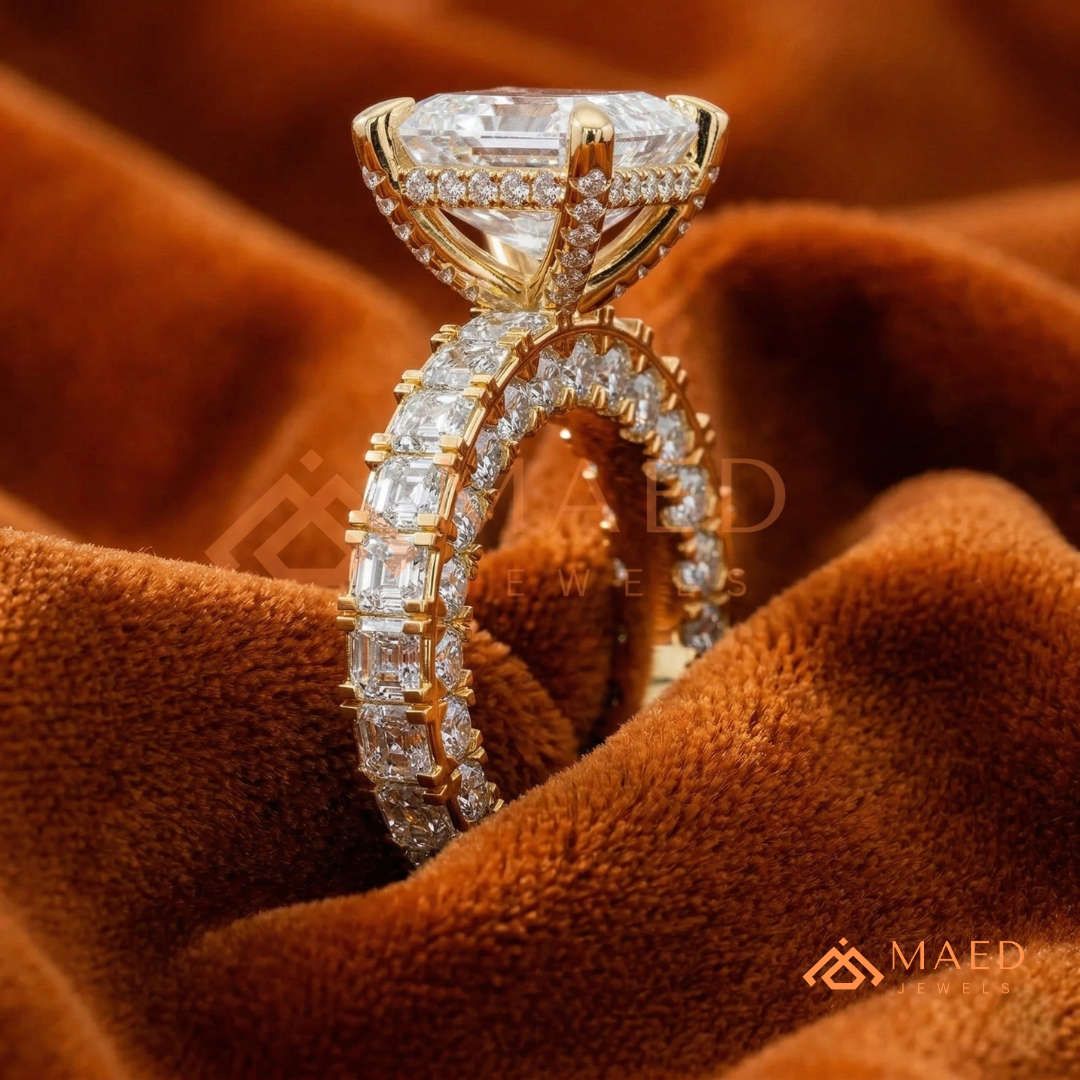 Classic Asscher Cut Solitaire Engagement Ring with Eternity Band Shank in Silver, 14K Gold & Rose Gold