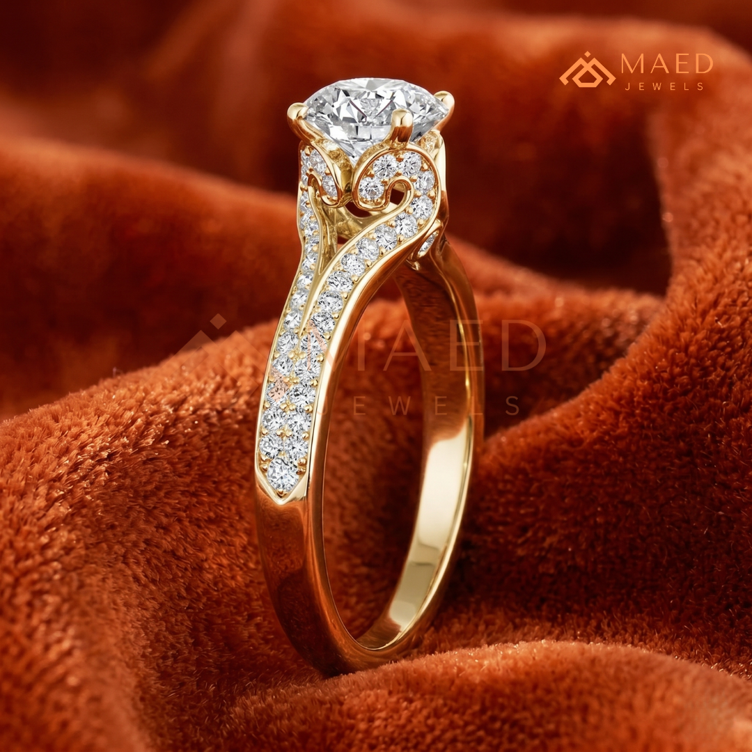 Round Brilliant Cut Split Shank Cathedral Engagement Ring in 14K Gold, Rose Gold & Silver | Vintage-Inspired Pave Accent Ring for Women