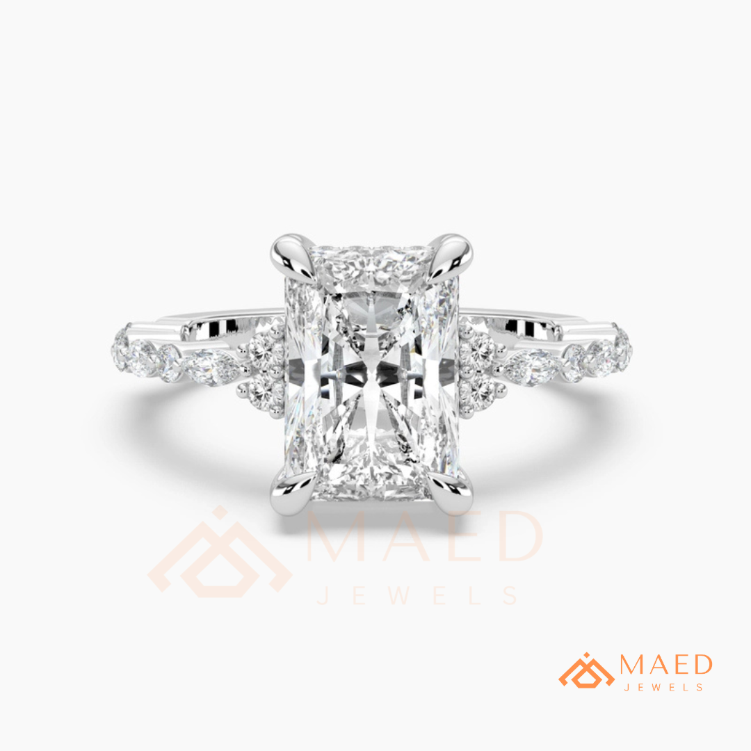 Radiant Cut Engagement Ring | Marquise & Round Cluster Band in 14K Gold, Rose Gold & Sterling Silver