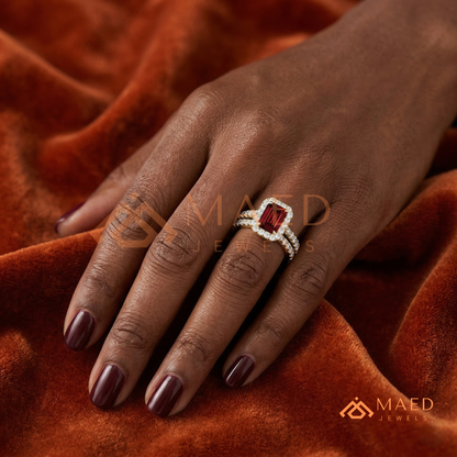 Vintage Emerald Cut Garnet Engagement Ring Set – Pavé Diamond Halo Band