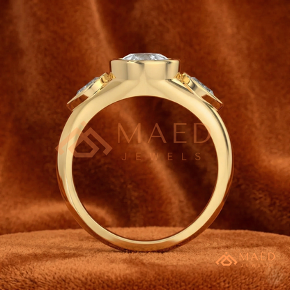 Modern Three-Stone Pear Shaped Bezel Engagement Ring in Silver, 14K Gold & Rose Gold