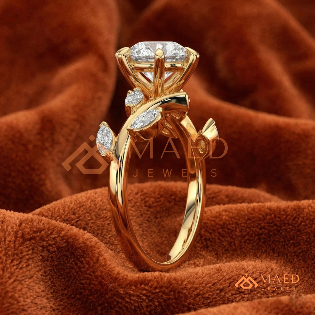 Nature Inspired Round Moissanite Engagement Ring, 6-Prong Marquise Leaf Twig Wedding Ring in Silver, 14K Gold & Rose Gold