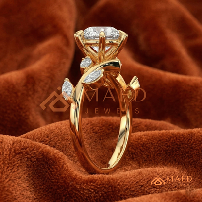 Nature Inspired Round Moissanite Engagement Ring, 6-Prong Marquise Leaf Twig Wedding Ring in Silver, 14K Gold & Rose Gold