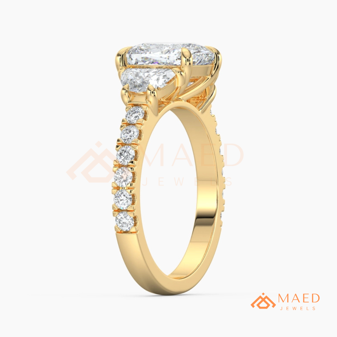 Classic Cushion Cut Three-Stone Engagement Ring with Half-Moon Side Stones in Silver, 14K Gold & Rose Gold