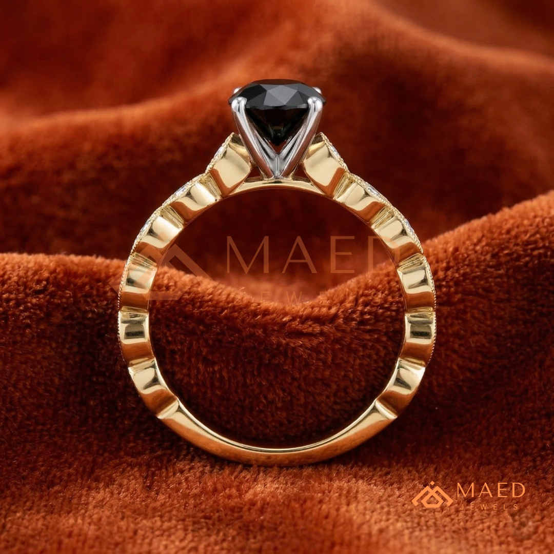 Art Deco Black Stone Ring with Milgrain Marquise Band – Silver, 14K Yellow & Rose Gold