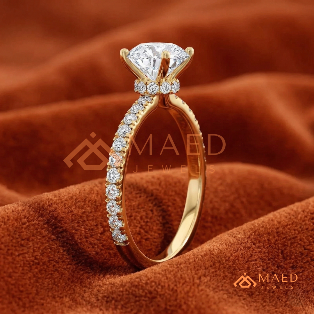 Classic Round Cut Pave Solitaire Ring in Silver, 14K Yellow Gold, or Rose Gold