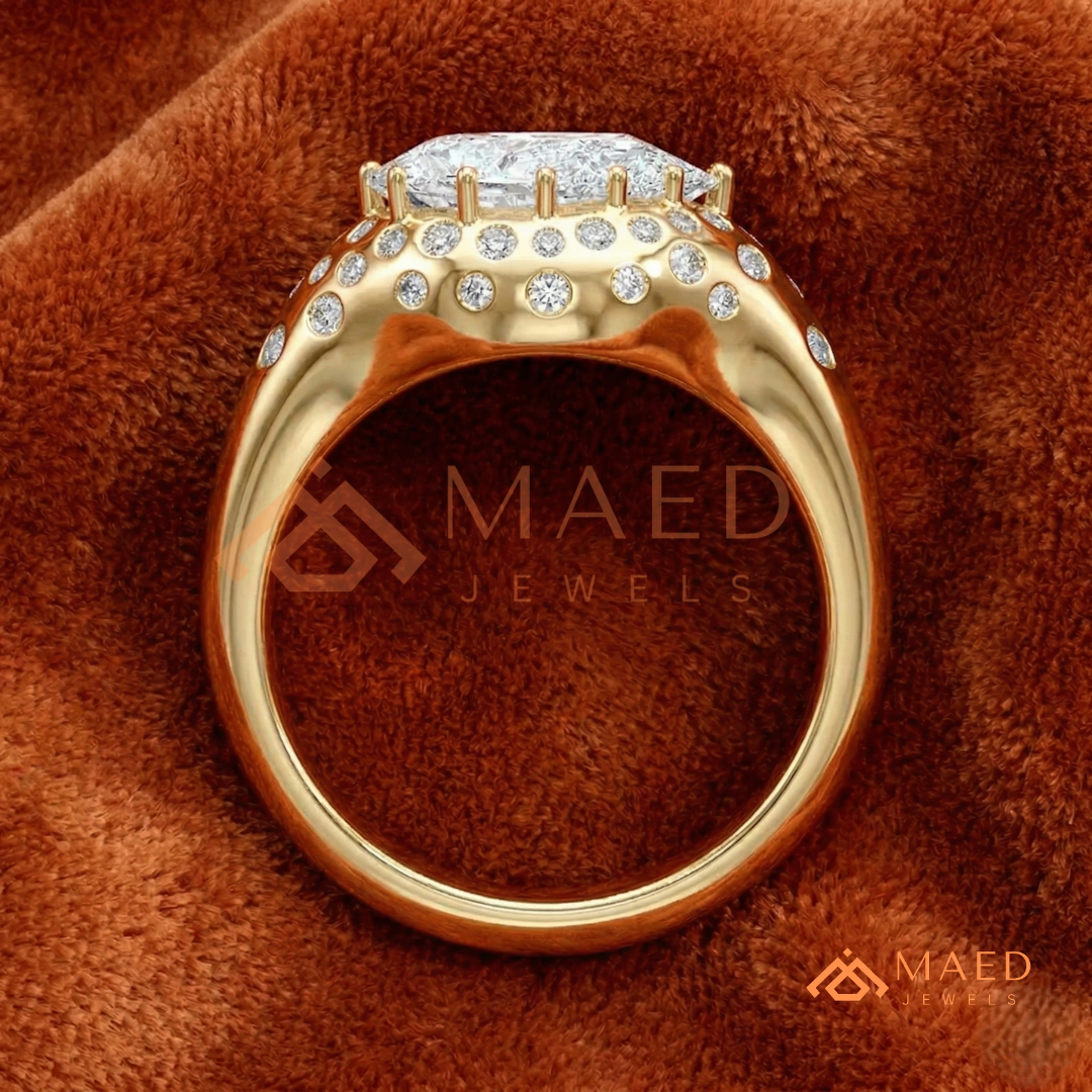 East-West Pear Cut Engagement Ring | Flush Setting Pave Dome Band in 14K Gold, Rose Gold & Silver
