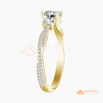 Round Cut 3-Stone Engagement Ring with Twisted Pavé Band in Silver, 14K Gold, & 14K Rose Gold