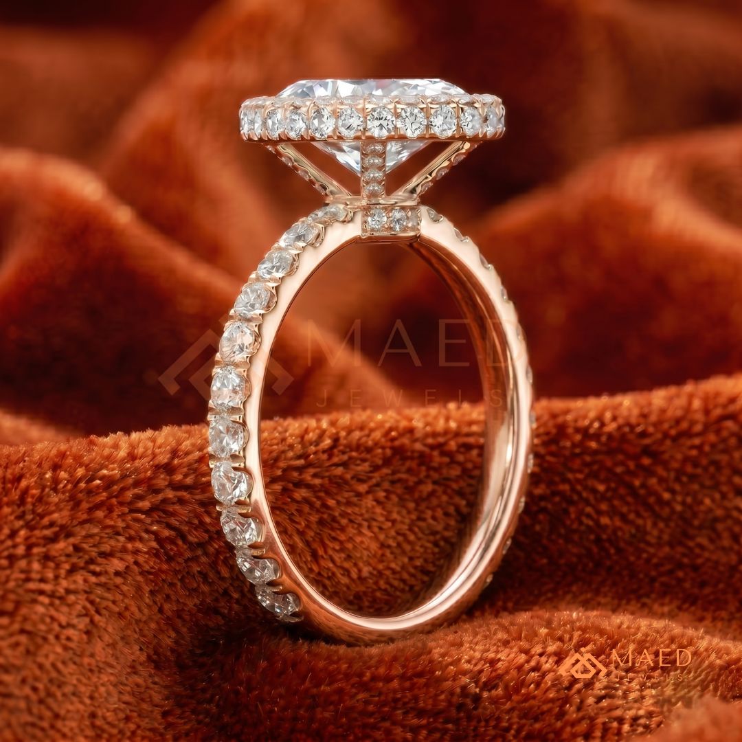Oval Cut Halo Engagement Ring with Pavé Band in Silver, 14K Gold, & 14K Rose Gold