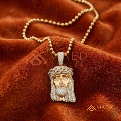Iced Out Jesus Piece Pendant Necklace in Sterling Silver & 14K Gold