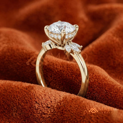 Round Brilliant Cut Ring with Marquise Floral Cluster | 14k Gold, Rose Gold & Silver