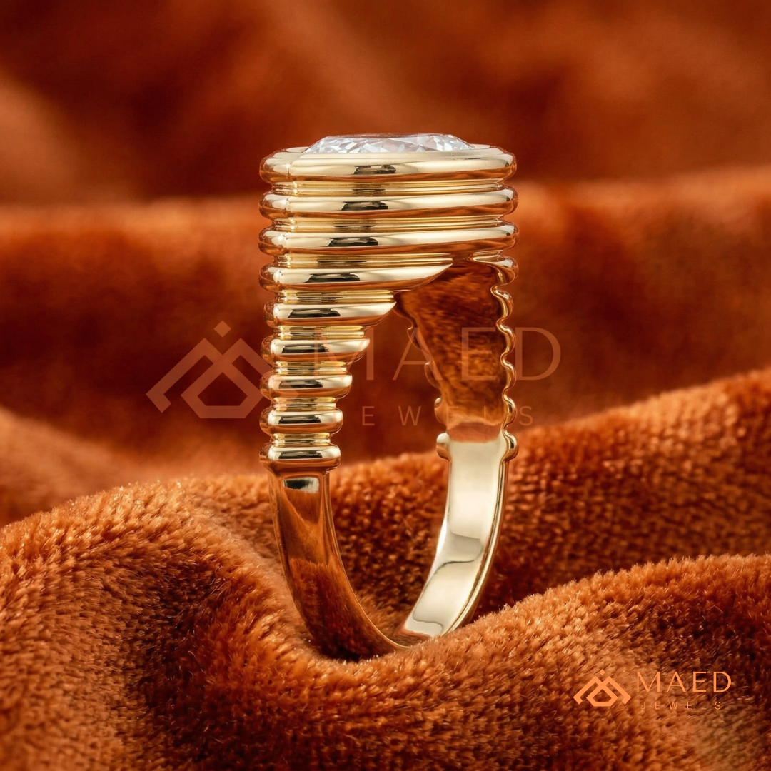 East-West Marquise Bezel Engagement Ring | Fluted Band in 14K Gold, Rose Gold & Silver