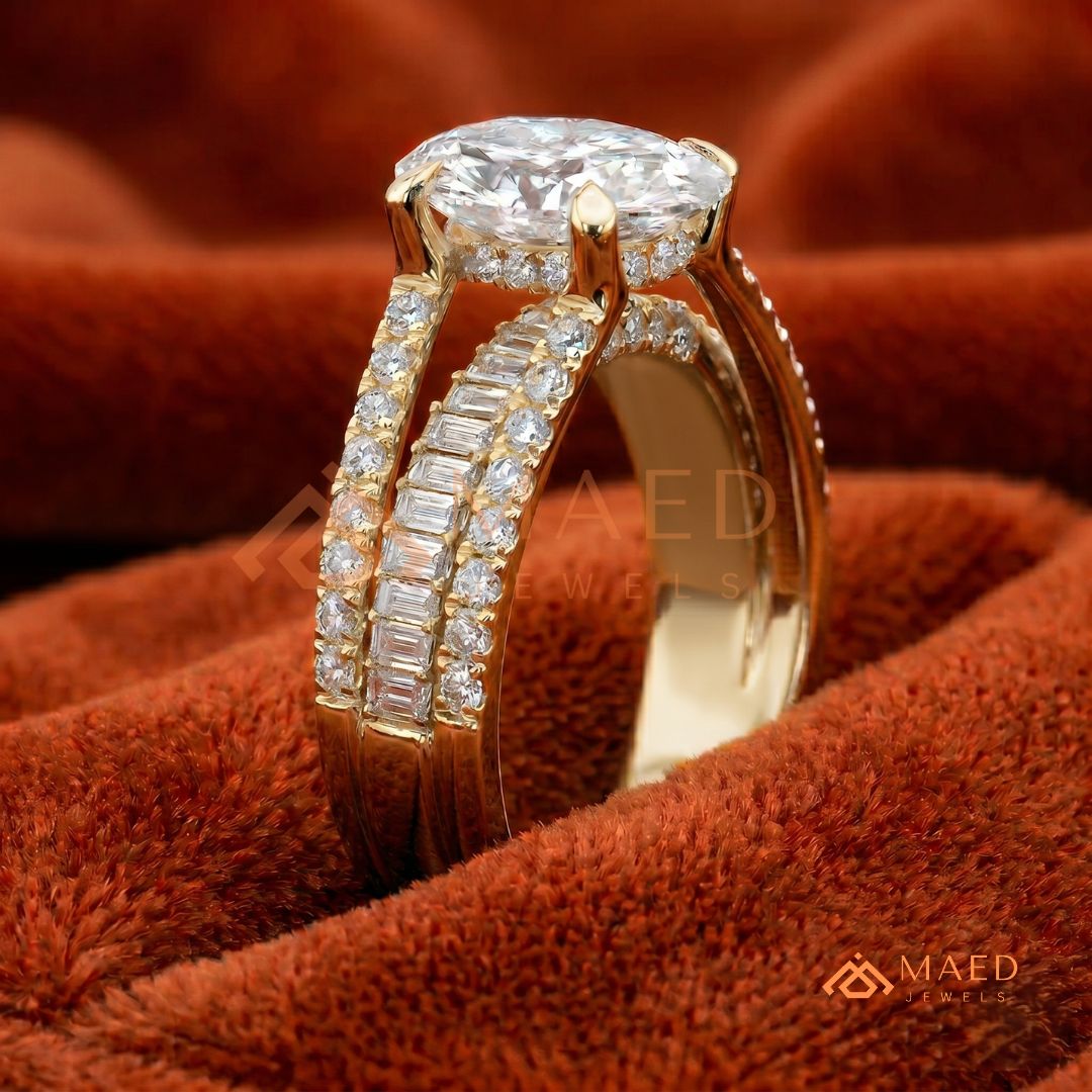 Art Deco Emerald Cut Engagement Ring with Stepped Baguette Side Stones