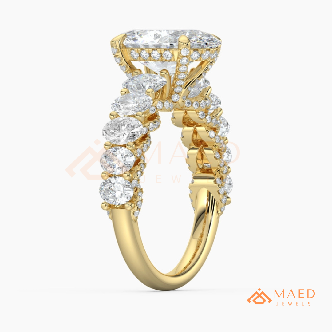Elongated Oval Cut Engagement Ring with Oval Accent Band | 14k Gold, Rose Gold & Silver