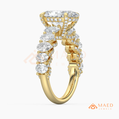 Elongated Oval Cut Engagement Ring with Oval Accent Band | 14k Gold, Rose Gold & Silver