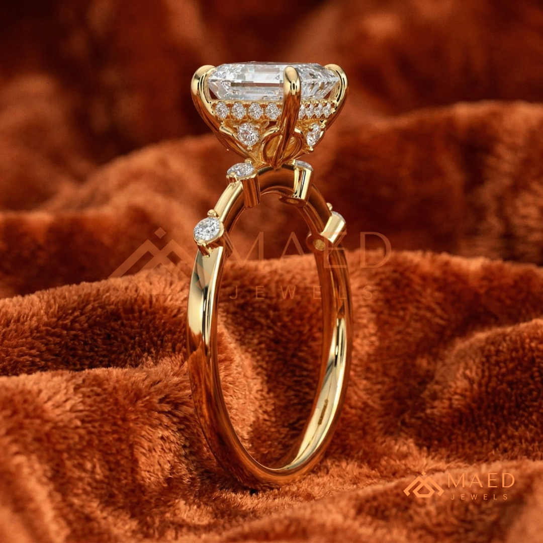 Asscher Cut Engagement Ring with Accent Stones | Vintage Art Deco Promise Ring | 14K Gold, Rose Gold & Sterling Silver