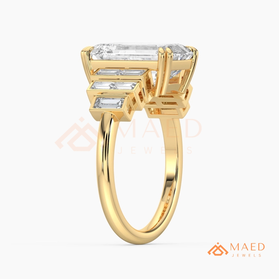 Radiant Cut Rectangular Halo Ring with Dome Triple-Row Pavé Band