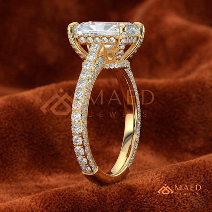 Radiant Cut Engagement Ring with Three-Row Pavé Band | 14k Gold, Rose Gold & Silver