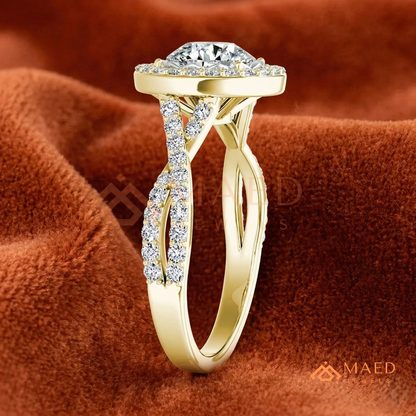 Round Halo Engagement Ring with Twisted Pavé Band – Sterling Silver, 14K Gold, or 14K Rose Gold