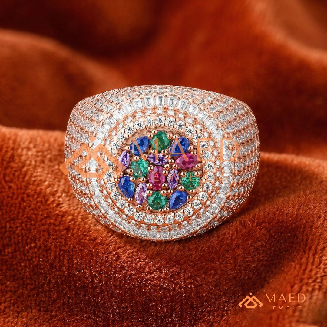 Heavy Multi-Color Iced Medallion Ring – 925 Silver, 14K Gold & Rose Gold
