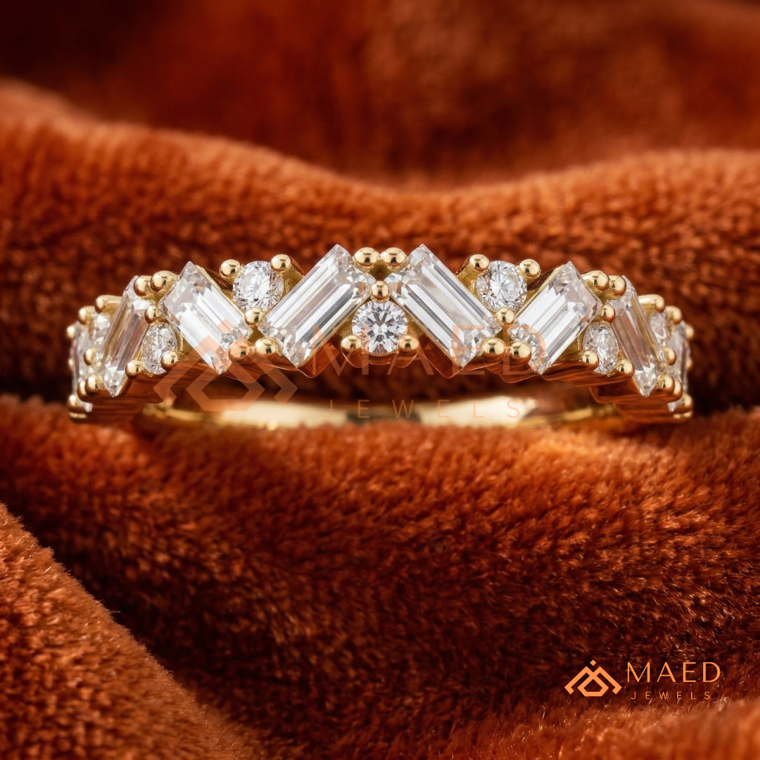 Angled Baguette & Round Cut Chevron Wedding Band | Crown Moissanite Tiara Ring in Silver, 14K Gold, & Rose Gold