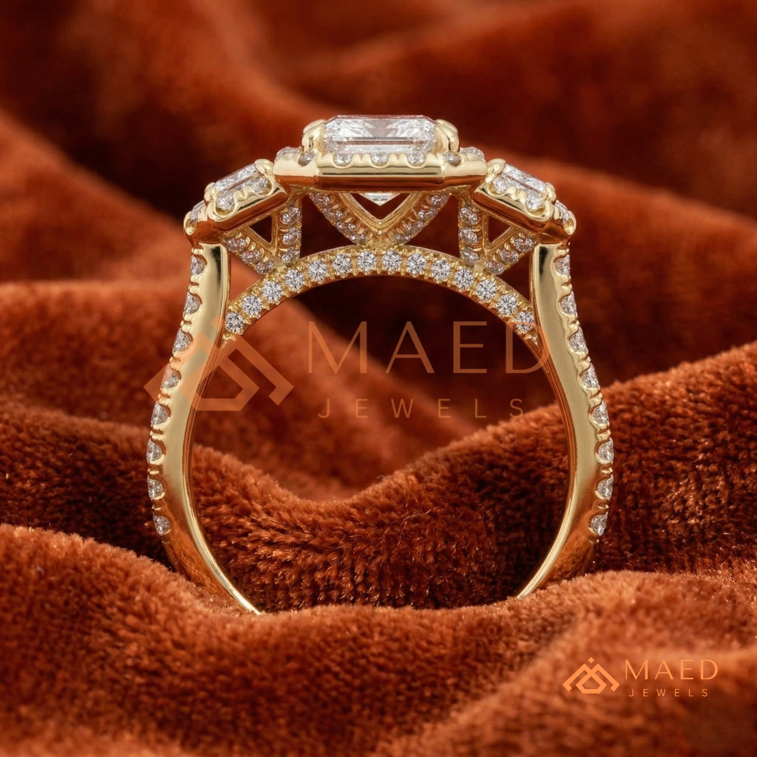 Three-Stone Emerald Cut Halo Engagement Ring | Triple Row Pave Band in 14K Gold & Silver