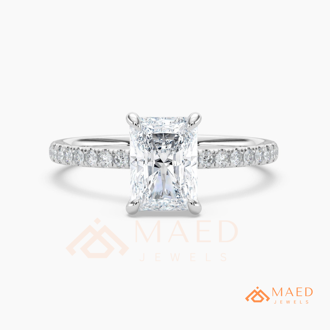 Radiant Cut Moissanite Engagement Ring in Sterling Silver, 14K White Gold & Rose Gold | Hidden Halo Diamond Band For Women