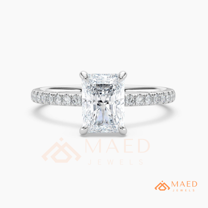 Radiant Cut Moissanite Engagement Ring in Sterling Silver, 14K White Gold & Rose Gold | Hidden Halo Diamond Band For Women
