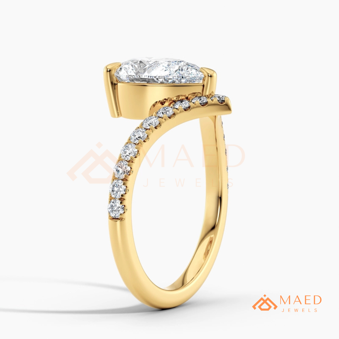 Pear Cut Chevron Engagement Ring with V-Shaped Pavé Band in Silver, 14K Gold, & 14K Rose Gold