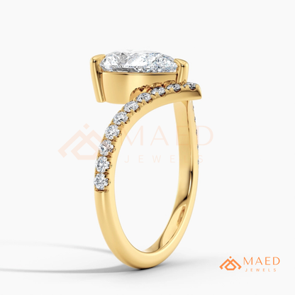 Pear Cut Chevron Engagement Ring with V-Shaped Pavé Band in Silver, 14K Gold, & 14K Rose Gold