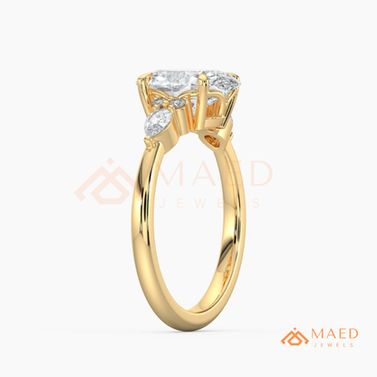 Oval Cut Engagement Ring with Pear and Round Cluster Band in Silver, 14K Gold, & 14K Rose Gold