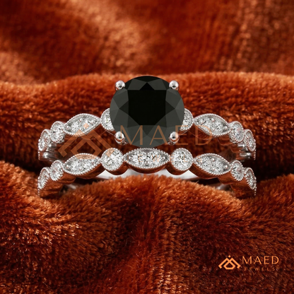 Maeve Round Cut Black Diamond Vintage Style Wedding Ring Set – Silver, 14K Yellow & Rose Gold