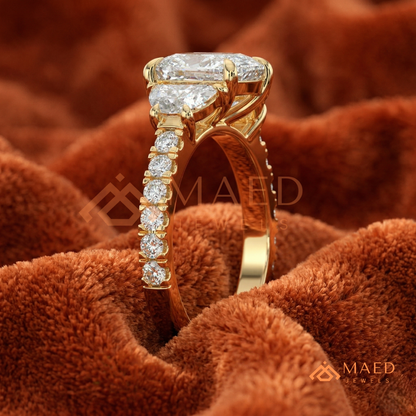 Classic Cushion Cut Three-Stone Engagement Ring with Half-Moon Side Stones in Silver, 14K Gold & Rose Gold