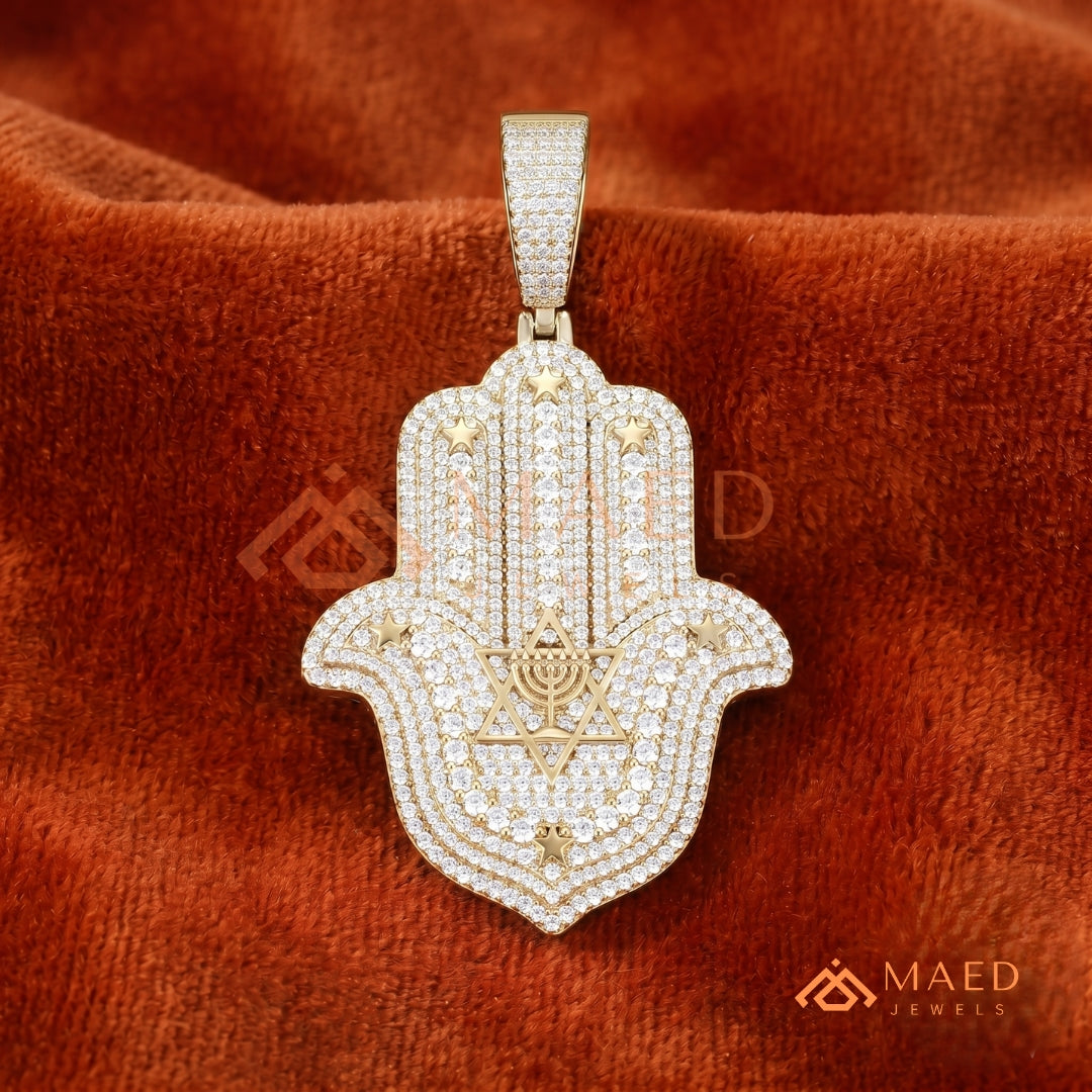 Iced Out Hamsa Hand Pendant Necklace | Sterling Silver, 14K Gold & Rose Gold