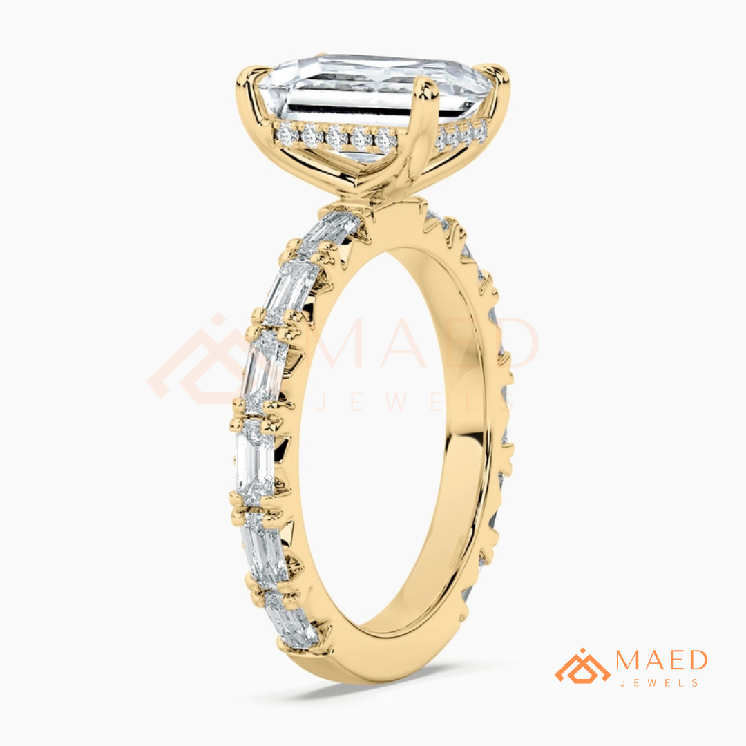 Classic Emerald Cut Solitaire Ring with Emerald Band Eternity Shank