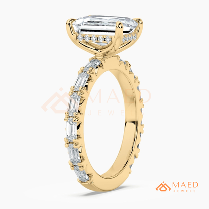 Classic Emerald Cut Solitaire Ring with Emerald Band Eternity Shank