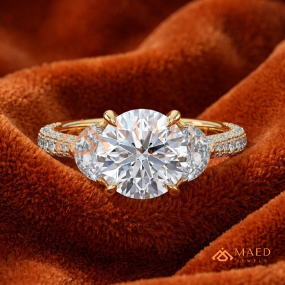 Round Brilliant and Half Moon Three Stone Ring | Multi-Row Pavé Band in 14k Gold & Silver