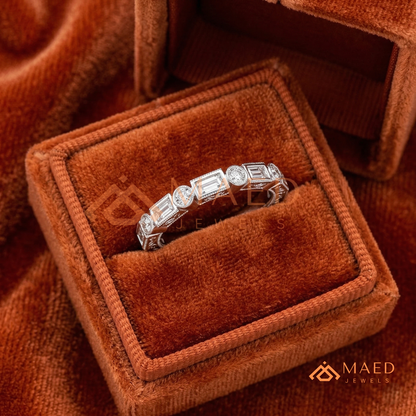 Vintage Alternating Baguette and Round Cut Diamond Wedding Band in Sterling Silver & 14K Gold