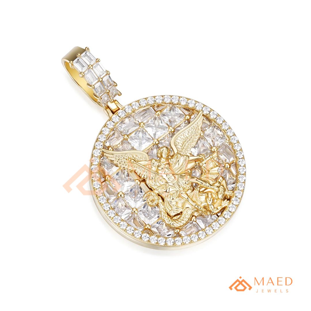 Saint Michael Medallion Pendant – Trillion Cut & Baguette Hip Hop Necklace