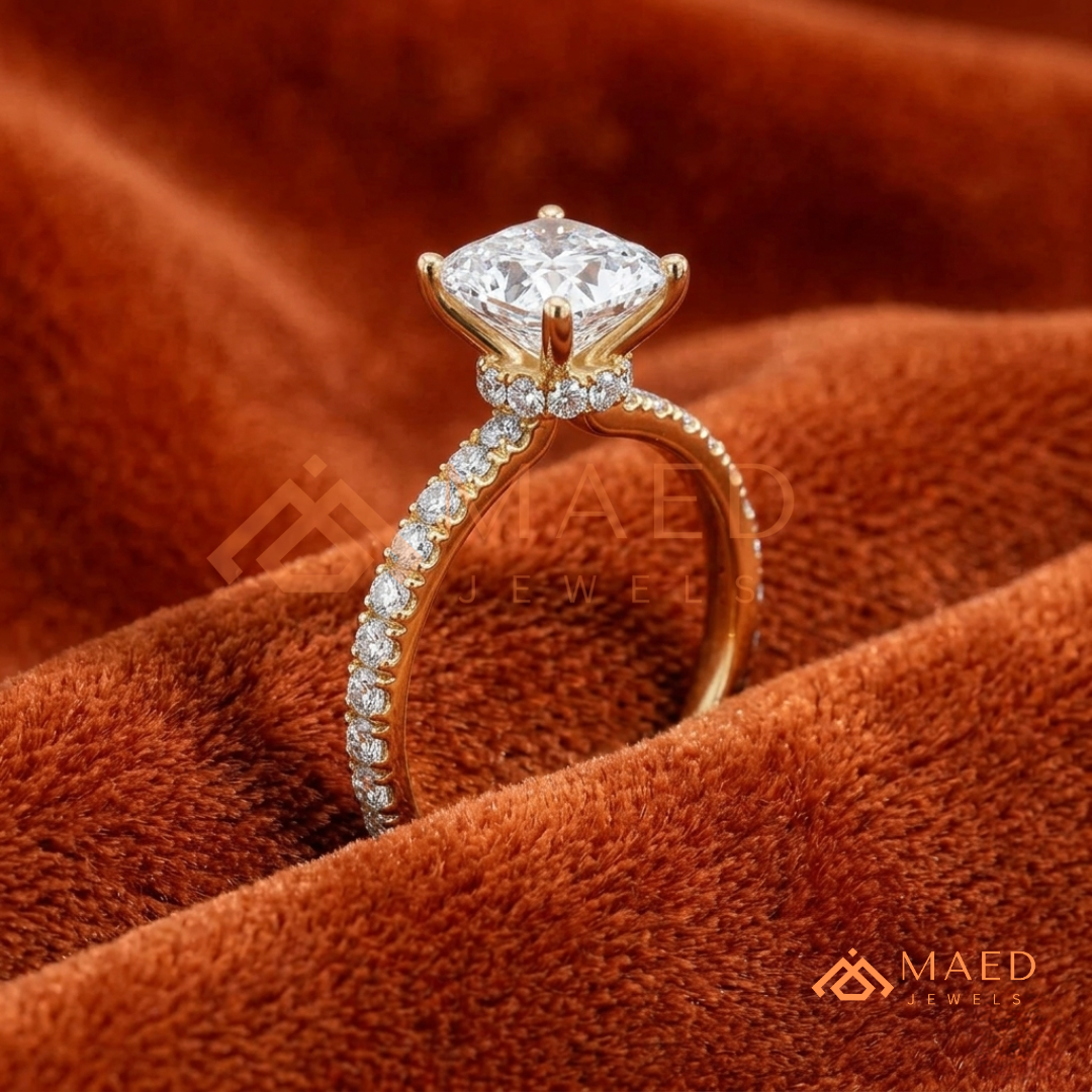 Princess Cut Engagement Ring with Pavé Band in Silver, 14K Gold, & 14K Rose Gold