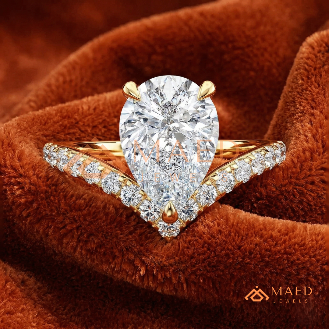Pear Cut Chevron Engagement Ring with V-Shaped Pavé Band in Silver, 14K Gold, & 14K Rose Gold