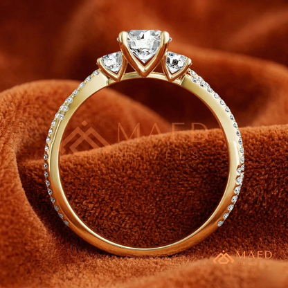 Round Cut 3-Stone Engagement Ring with Twisted Pavé Band in Silver, 14K Gold, & 14K Rose Gold