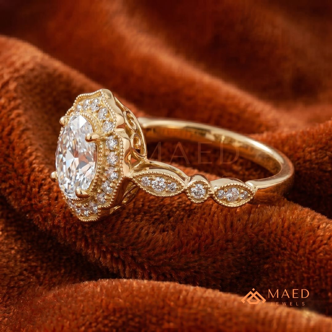 Vintage Oval Cut Art Deco Halo Engagement Ring | Milgrain Band in 14k Gold & Silver