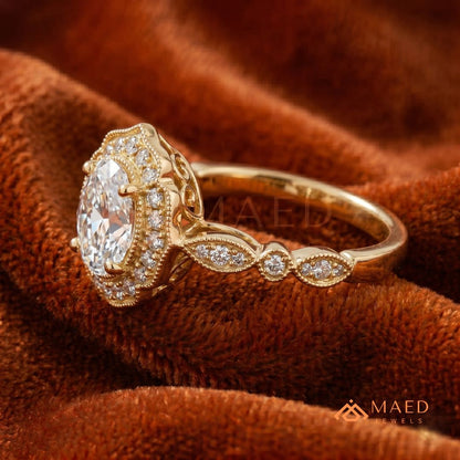 Vintage Oval Cut Art Deco Halo Engagement Ring | Milgrain Band in 14k Gold & Silver