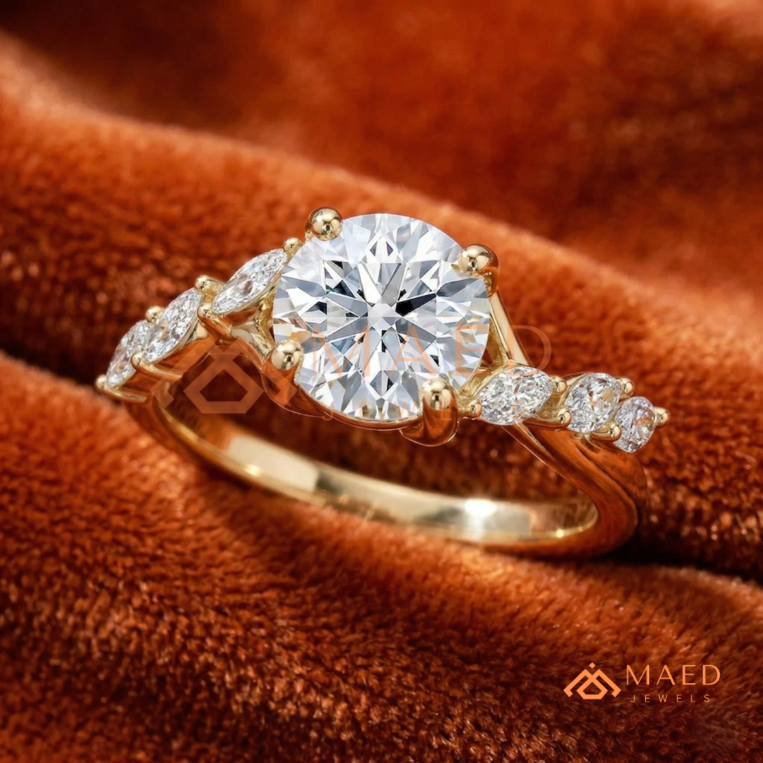Marquise Leaf Clustered Vine Engagement Ring in 14K Gold, Rose Gold & Silver