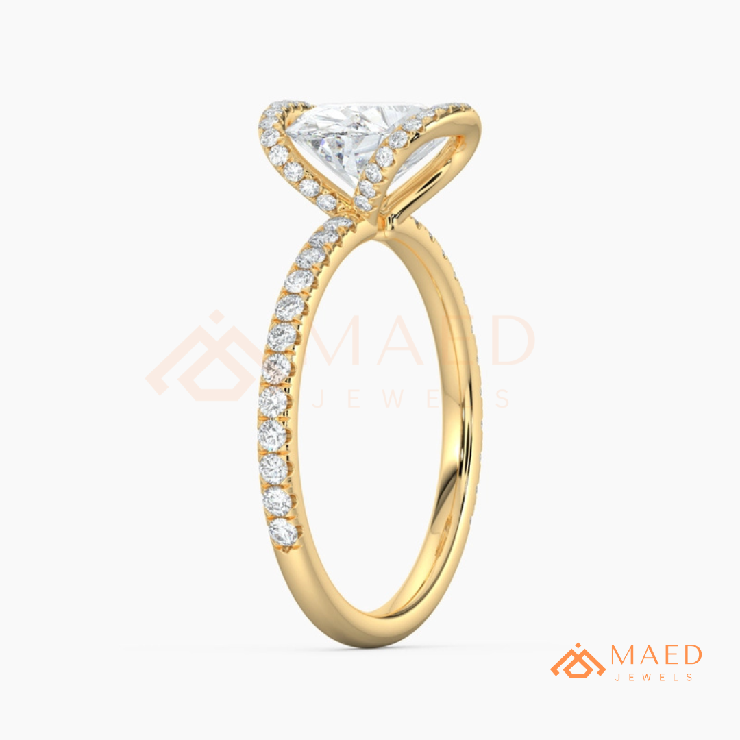 East-West Oval Cut Partial Halo Engagement Ring | 14k Gold, Rose Gold & Sterling Silver Shimmering Accented Band